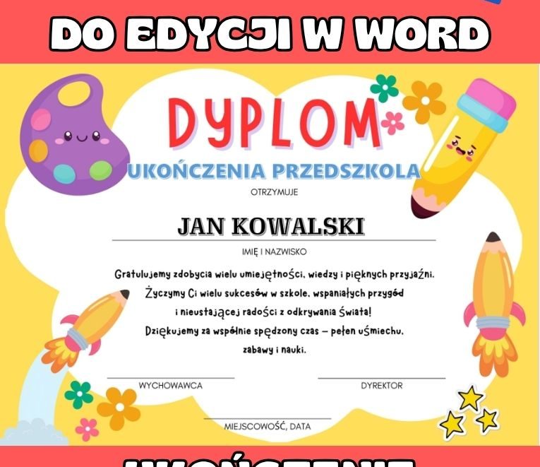 Dyplom ukończenia przedszkola – edytowalny plik Word